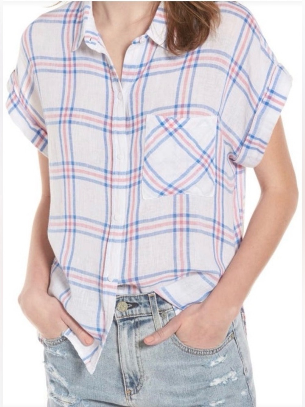 Rails Whitney Linen Blend Plaid Short Sleeve Shirt White Blue Pink